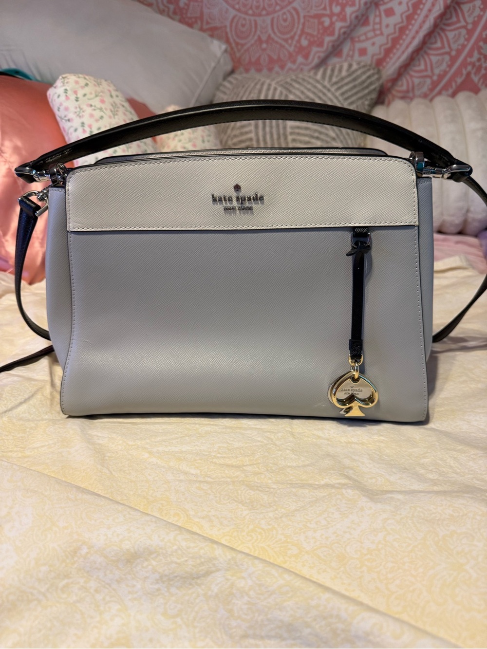 kate spade Light Gray and Cream Pebbled Leather Satchel & matching wallet